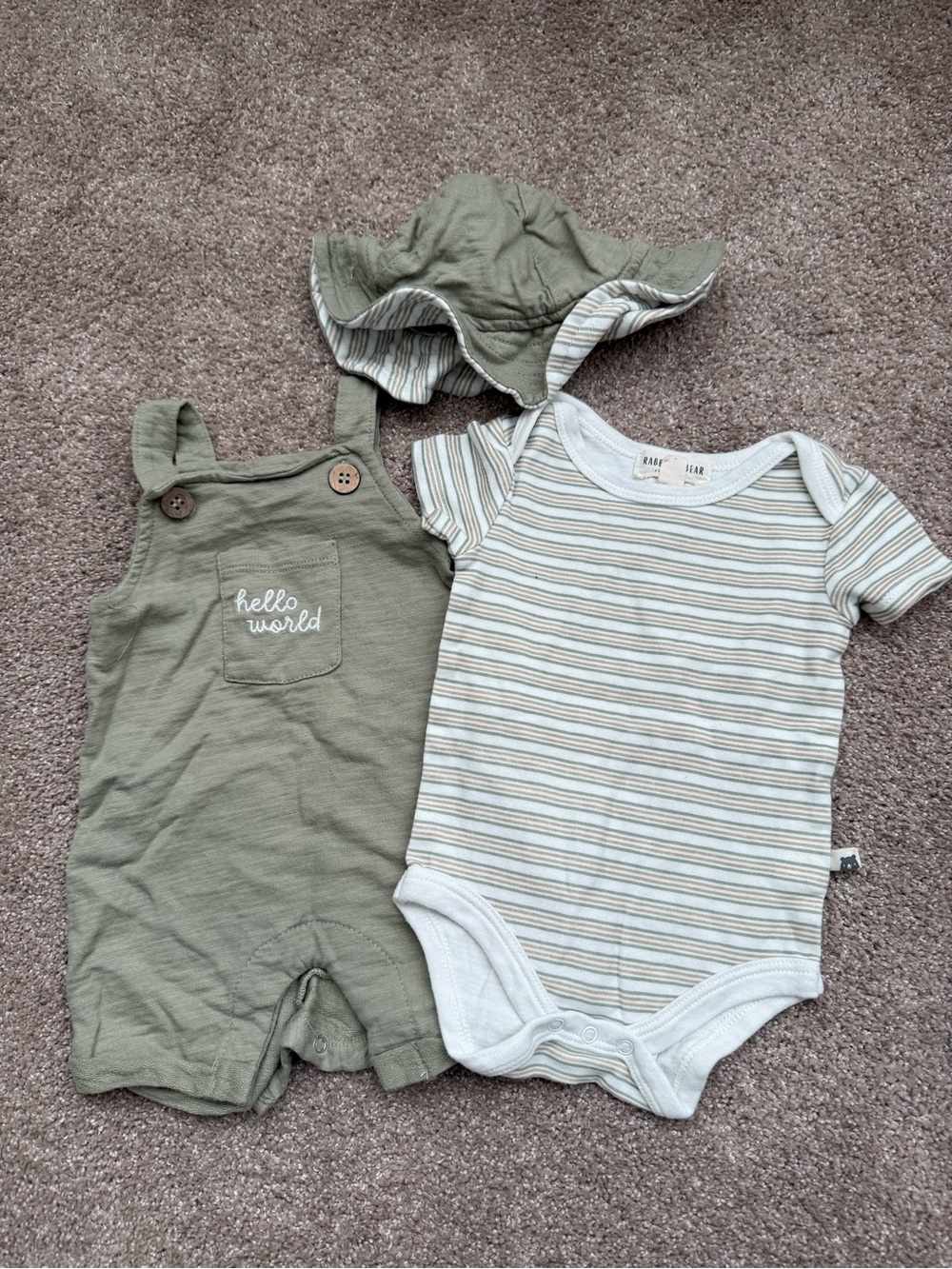 Rabbit + Bear Organics Olive Green Romper & Striped Bodysuit Set Size 3-6M